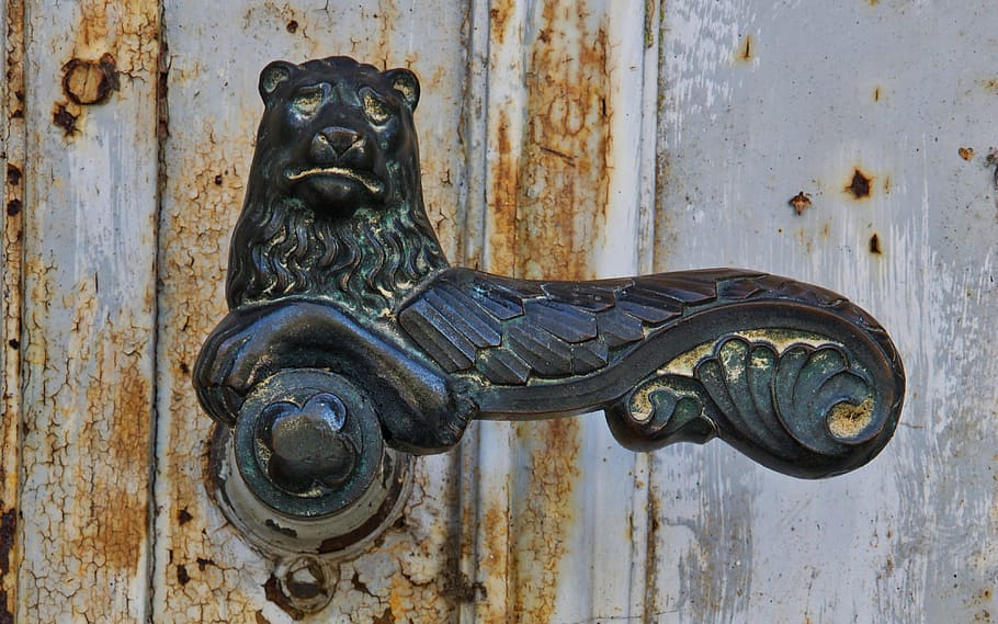 old, door, sculpture, art, door handle, door knob, metal, lion, artifice, entrance