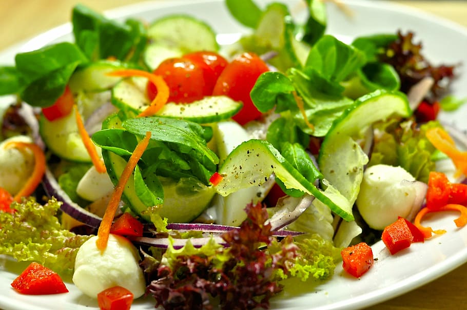 salad sayuran, bulat, putih, keramik, piring, salad, piring salad, vitamin, sehat, makan