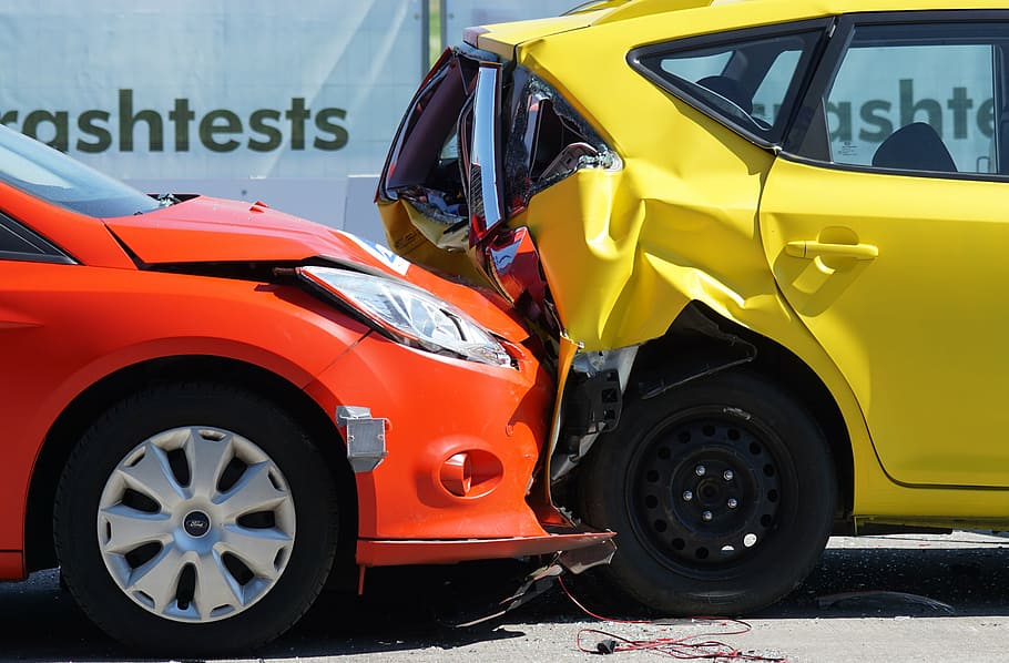 vermelho, carro, esmagado, amarelo, teste de colisão, colisão, 60 km h, distração, responsabilidade, seguro