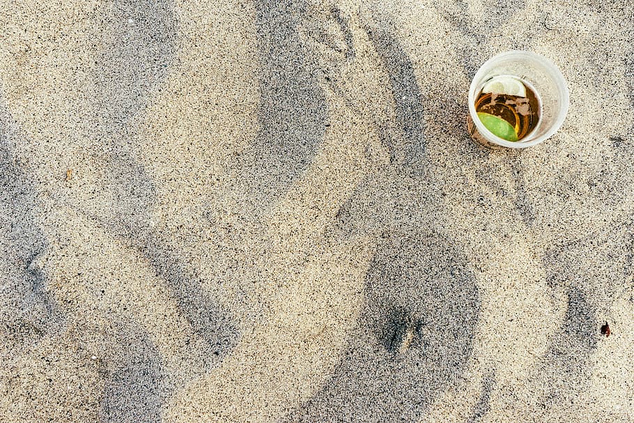 clear, plastic cup, sand, beach, beer, glasses, gray, sea, nature, summer