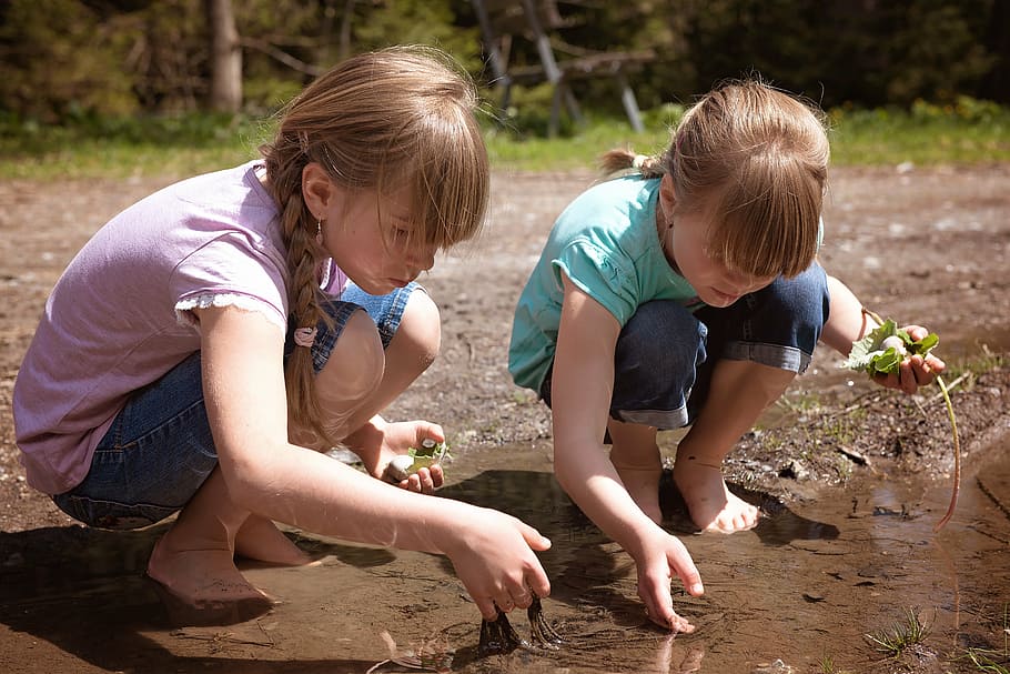 two, girls, playing, water, children, girl, puddle, frog spawn, nature, explore