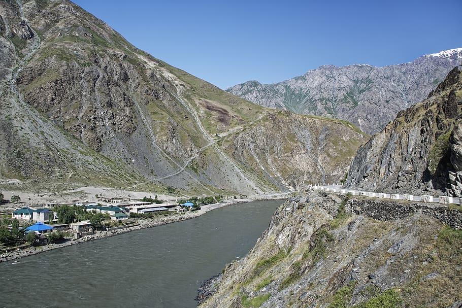 tajikistan, provinsi pegunungan-badakhshan, pegunungan tinggi pamir, sungai pandsch, lembah pandsch, pemandangan, sungai, daerah perbatasan, afghanistan, air