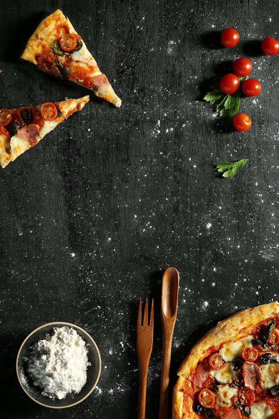 두, 슬라이스, 피자, 토마토, 숟가락, 피자 오두막, 요리, 부엌, 피자 도미노, 내 피자