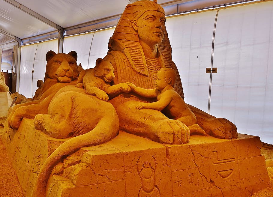 escultura egipcia, escultura de arena, modelos, ilustraciones, esfinge, criaturas míticas, figura de león, egipto, estatua, escultura