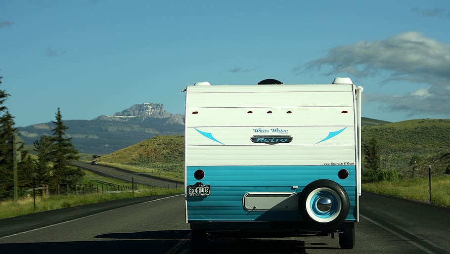 usa, camper, classic, caravan, road trip, retro, sky, mountain, transportation, mode of transportation