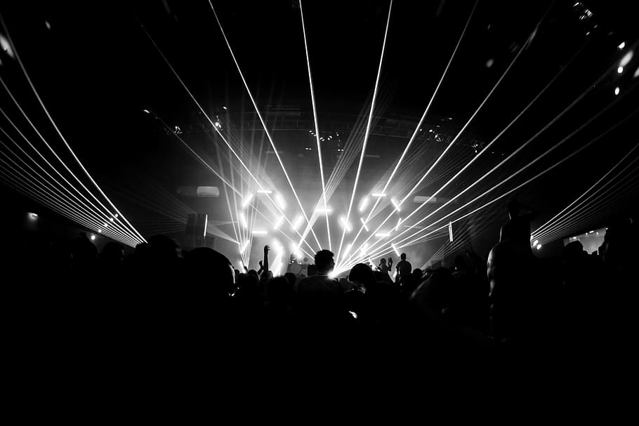 grayscale photography, concert, lights, night, festival, club, music, techno, drum, beat