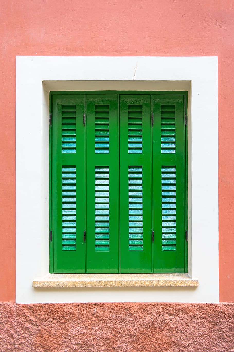 green, window, frame, closed, shutter, red, wall, green color, built structure, wall - building feature