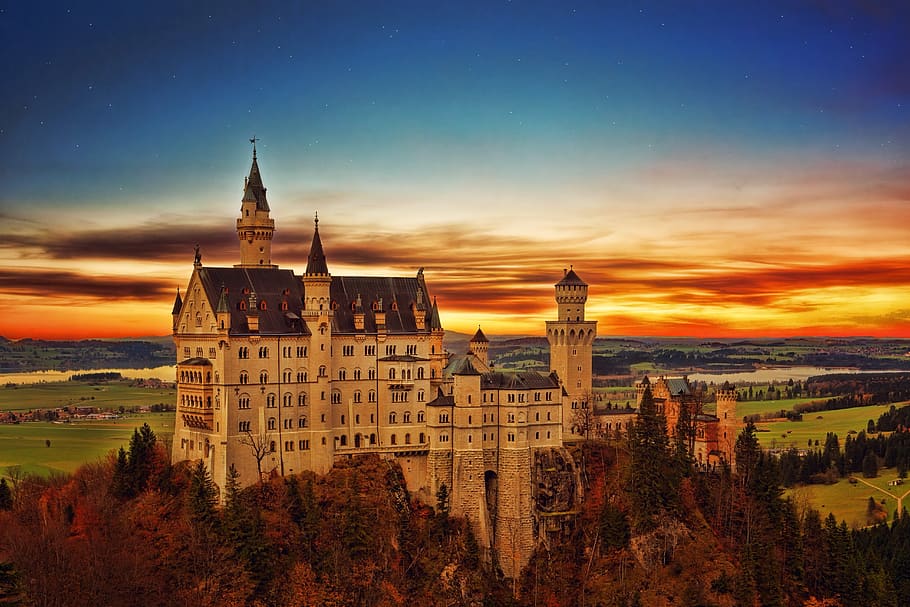 gothic, castle, germany, travel, tourism, sunset, colorful, orangesunrise, mountain, spire