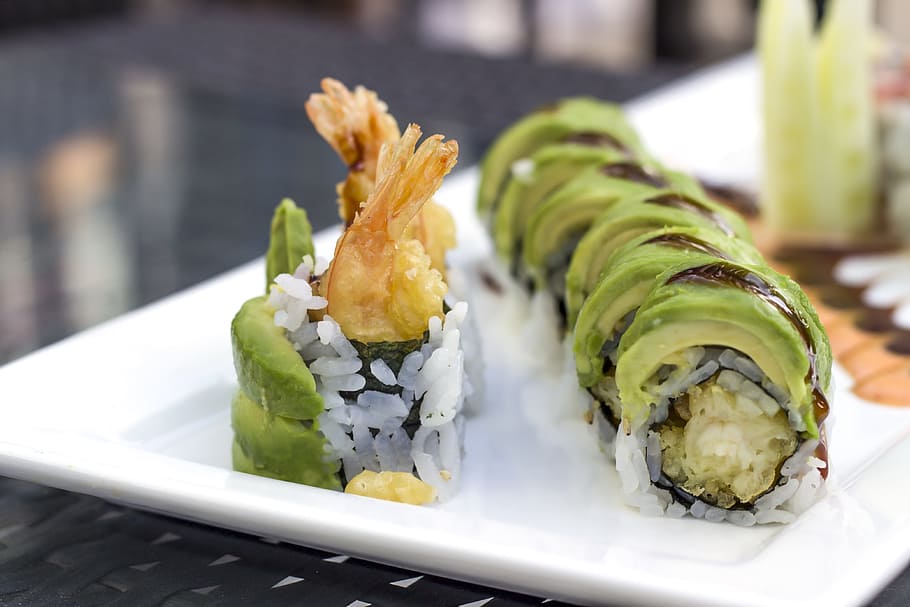 sushi dish, served, white, plate, sushi, avocado, shrimp, japanese, seafood, roll