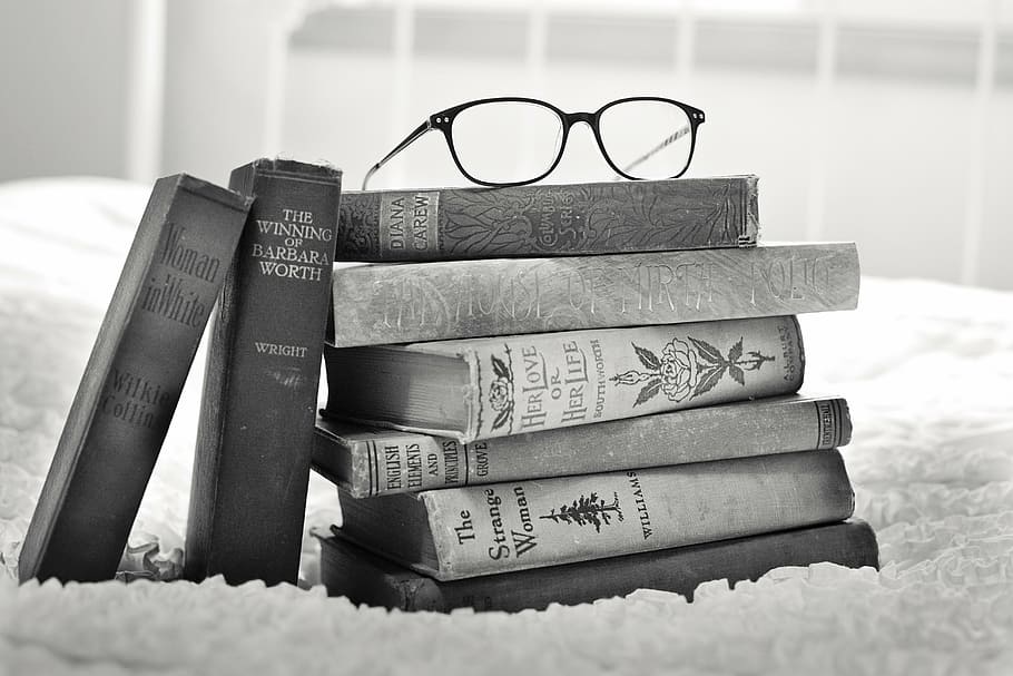 eyeglasses on book, stack of books, vintage books, book, books, old, education, antique, stack, old books
