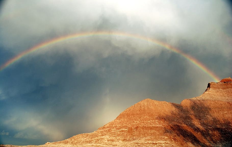 rainbow arc, brown, mountain, Rainbow, Wilderness, Scenic, Nature, sky, storm, colorful