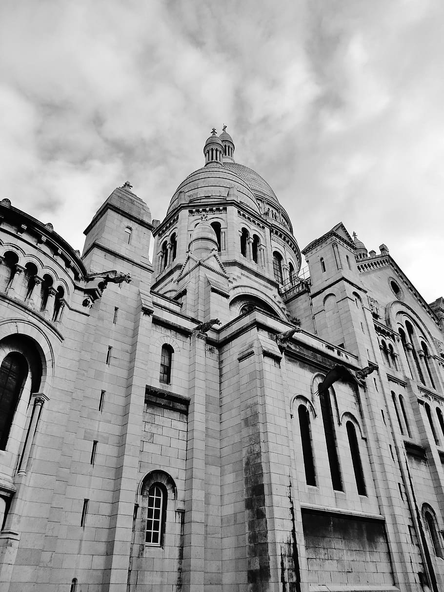 basilica, sacred heart, paris, montmartre, france, black, white, built structure, low angle view, building exterior