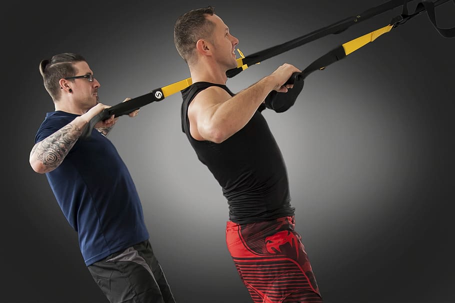two, men, pulling, leash, trx, kettlebell, fitness, crossfit, fit, exercise