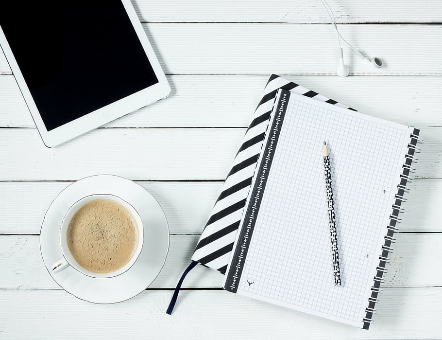 black, pen, top, white, notebook, teacup, tablet, notes, coffee, work desk