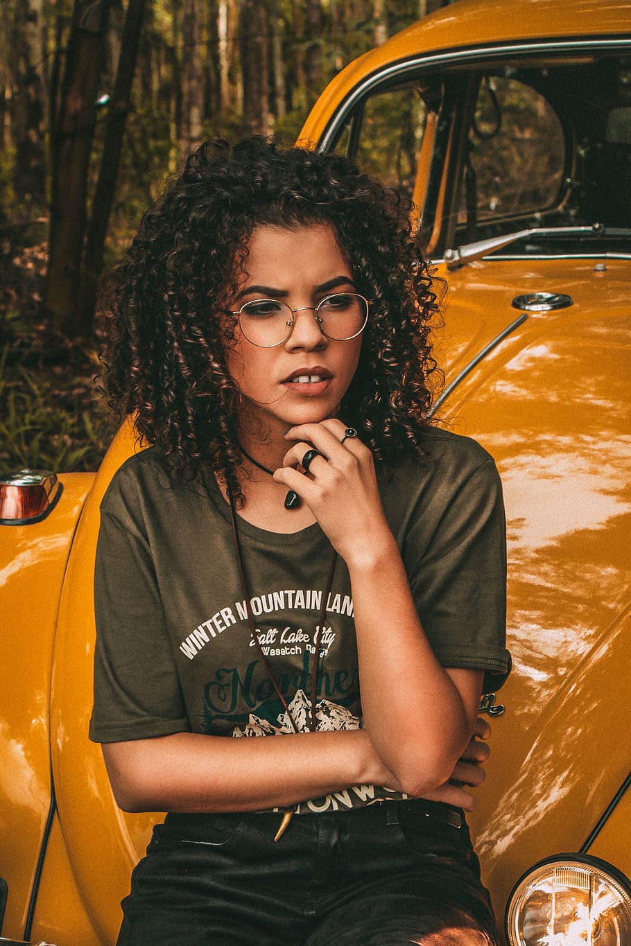 woman, sitting, brown, volkswagen beetle coupe, yellow, vintage, car, people, girl, curly