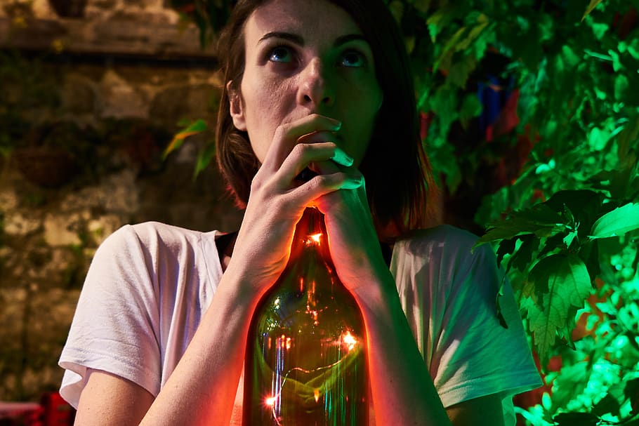 woman, overview, portrait, girl, bottle, alcohol, night, lights, considerate, sad