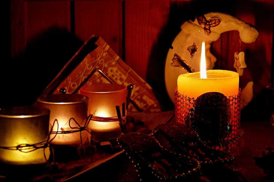 lilin, membakar, lilin teh, cahaya, api, natal, dekorasi, pembakaran, menyala, di dalam ruangan