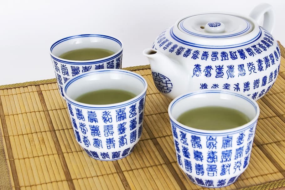 blanco y azul, cerámica, té, conjunto, tradicional, verde, fabricante, glaseado, asiático, saludable