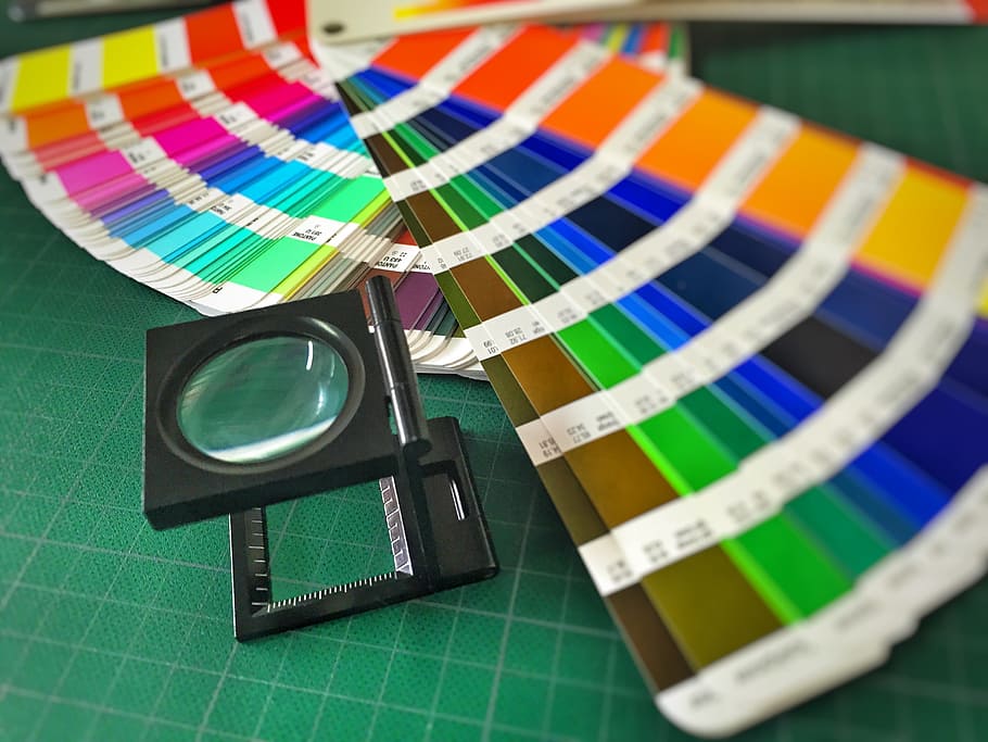 color paint palette, magnifying, glass, color, pantone, design, multi colored, close-up, studio shot, color swatch