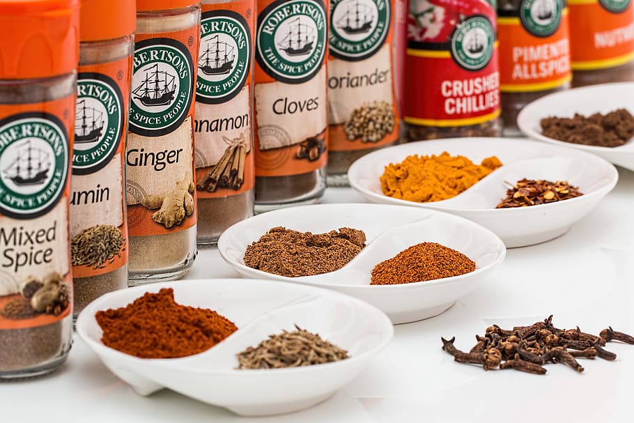 different, spices, plates, flavorings, seasoning, food, ingredient, spicy, flavor, flavouring
