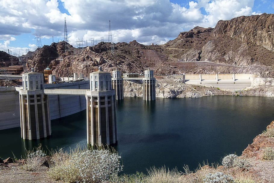dam during daytime, lake mead, reservoir, hoover dam, nevada, concrete, building, tourist attraction, technical, usa