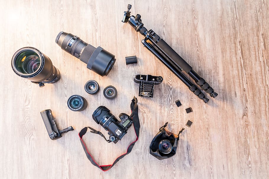 black, dslr camera kit, Cameras, Photographer, Photograph, lenses, 300mm, tripod, 135mm, 50mm