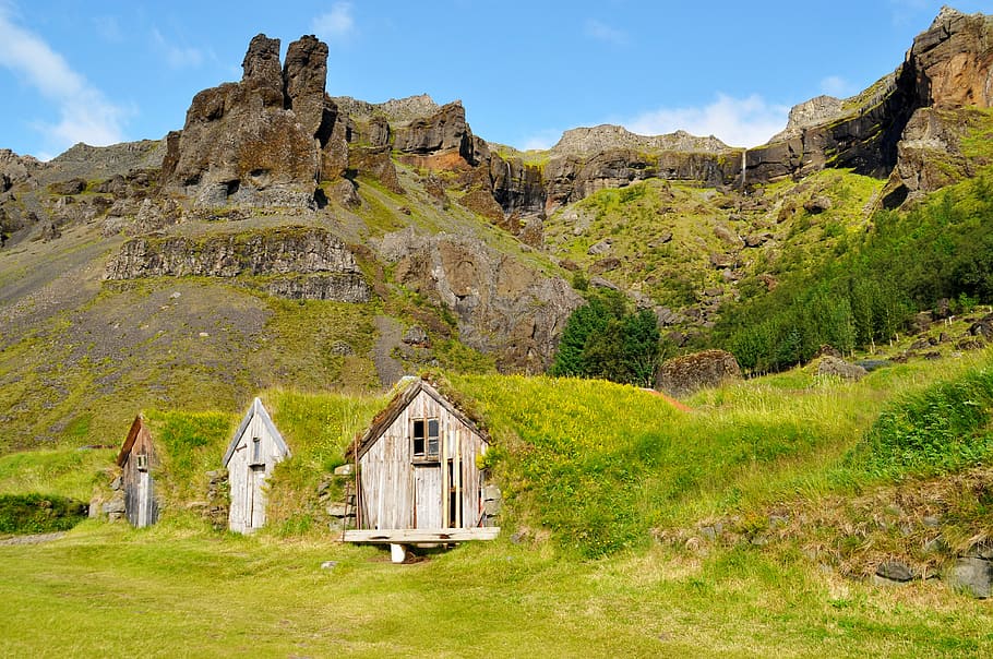 три, дом, холм, дневное время, Исландия, Гамме, Главная, здание, гора, природа