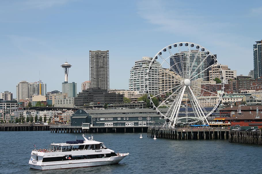 london eye, Seattle, Washington, Washington State, Skyline, seattle, scenic, ferry boat, space needle, ferris wheel, architecture