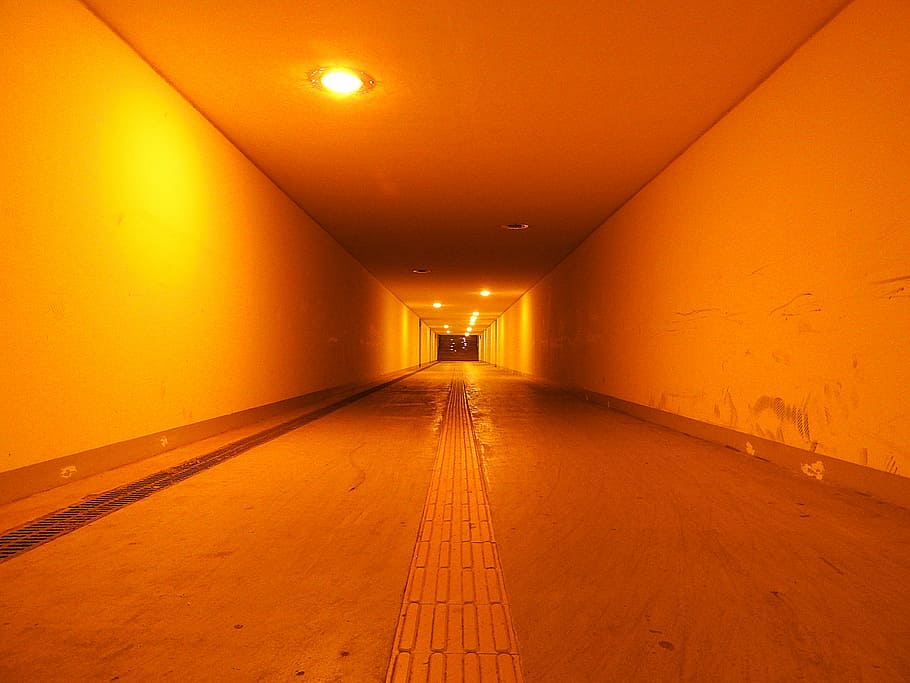 Underpass, Passage, Railway, railway underpass, tunnel, diminishing perspective, the way forward, illuminated, one person, indoors