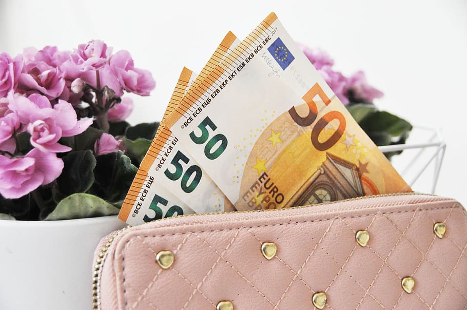 euro, dinheiro, carteira, notas, europa, moeda, finanças, flor, papel-moeda, número