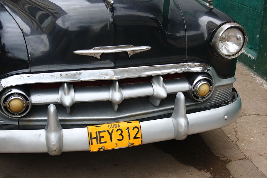 vintage, black, gray, hey, 312 license plate number, Car, Oldtimer, Cuba, Havana, Culture
