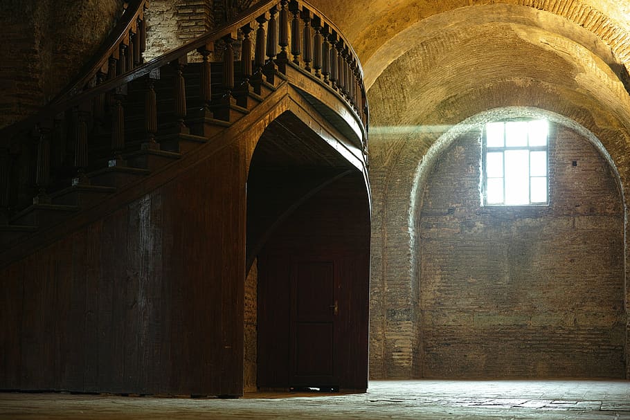 brown, wooden, stair, inside, building, old, wood, light, ruin, architecture