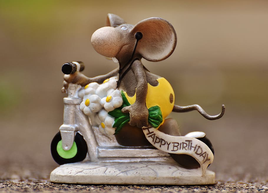 gray rat figurine, birthday, mouse, roller, figure, cute, greeting, card congratulations, decoration, deco