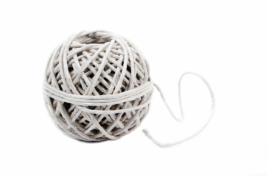 round, gray, rolled, yarn, string, twine, ball, twined, isolated, rough