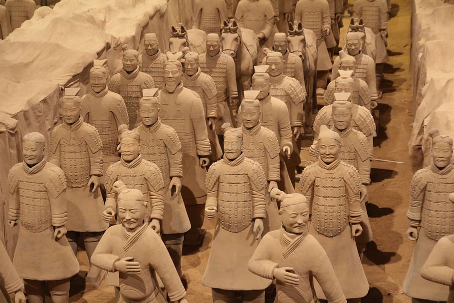 arriba, vista, soldados de terracota, china, terracota, ejército, guerrero, sonido, figuras, historia