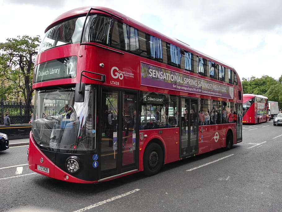 merah, ganda, bis bersusun, jalan, london, bus, Inggris, angkutan umum, transportasi, kendaraan darat
