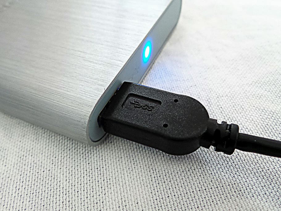 turned-on silver power bank, black, usb cablke, Connection, Backup, Data Transfer, hard drive, data storage, connected, external hard drive