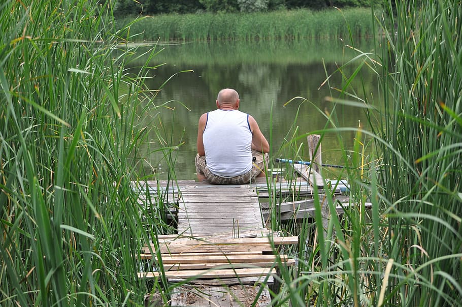 fishing, lake, village, water, nature, man, male, fisherman, relaxation, freshwater