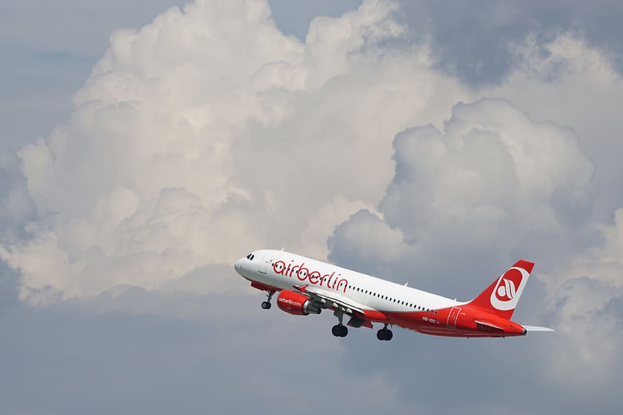 whtie, red, airberlin airplane, flying, midair, white, clouds, daytime, aircraft, turbine