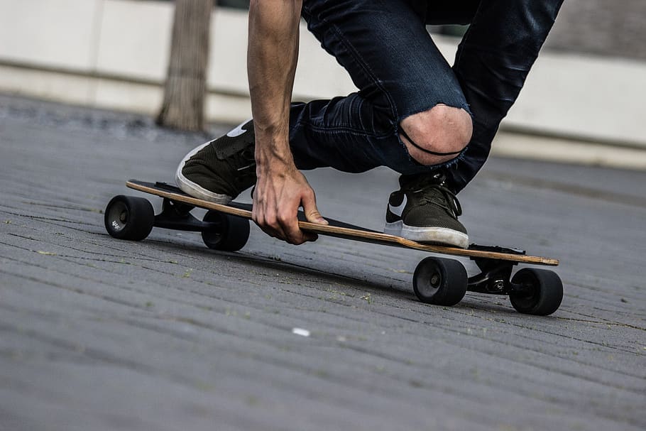 longboard, skateboard, sport, skateboarding, skating, young, leisure, man, jeans, teenager