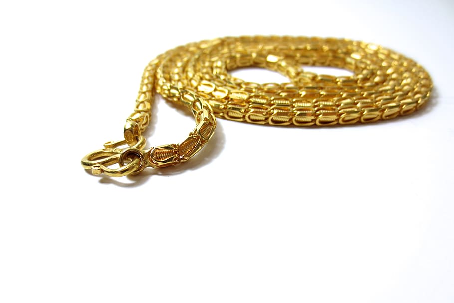 gold-colored necklace, gold, golden, chain, necklace, jewelry, yellow, pattern, texture, design