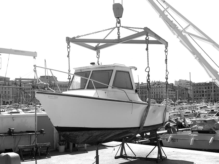 boot, shipyard, harbour crane, marseille, ship, fishing boat, black and white, mode of transportation, transportation, nautical vessel