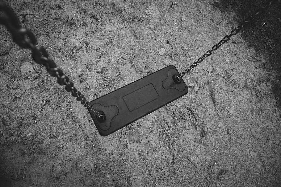swing, playground, park, sand, black and white, chain, high angle view, day, metal, nature