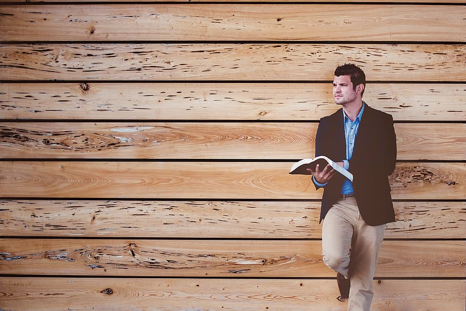 man, brown, suit jacket, leaning, wall, people, alone, reading, book, bible