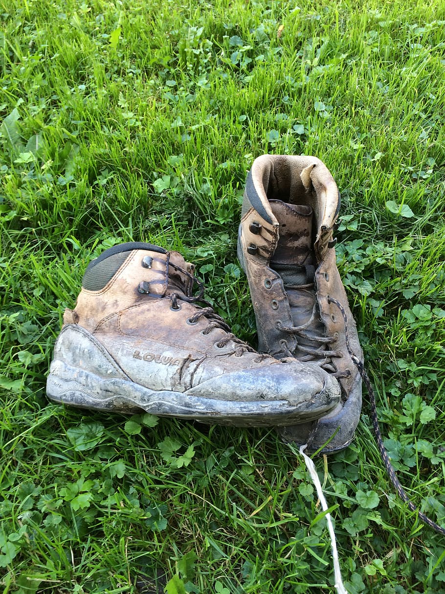 hiking, hiking shoes, worn, outdoor, shoelaces, alpine boots, leather shoes, grass, old, plant