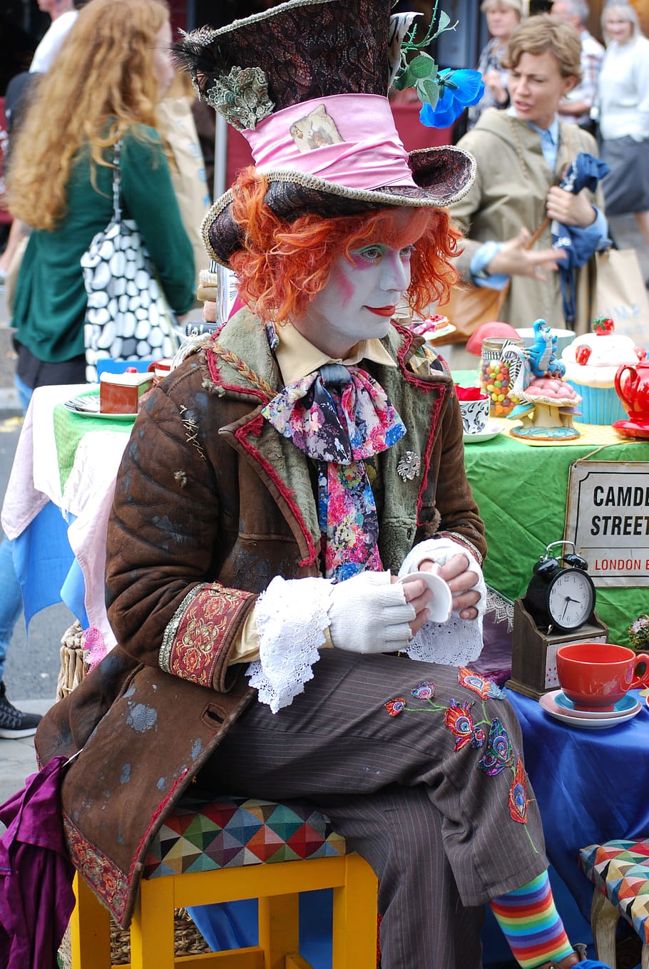 clown costume, colors, alice, hatter, london, feast, clown, trick, mask, face