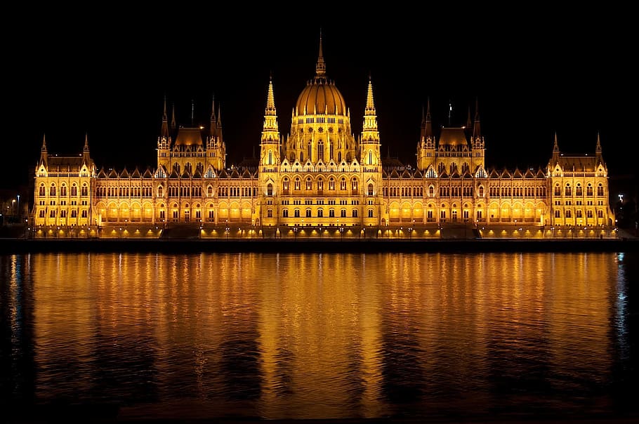 beige, brown, palace, body, water, budapest, hungary, parliament, building, architecture