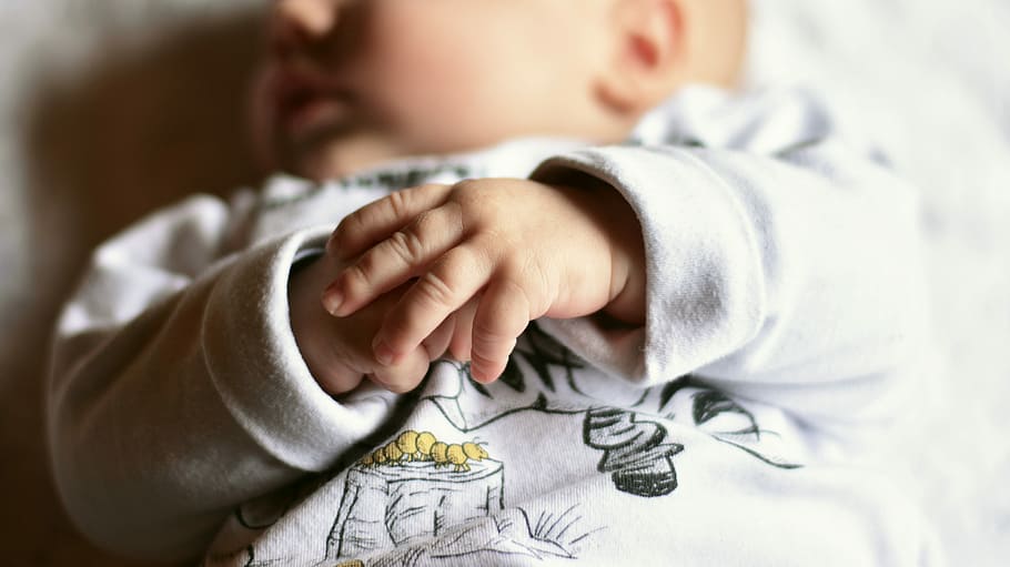 sleeping, baby, wearing, white, jacket, hands, small child, human, sweet, finger