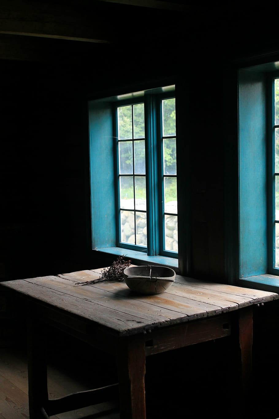 rectangular, gray, wooden, table, window, round, brown, bowl, top, dark