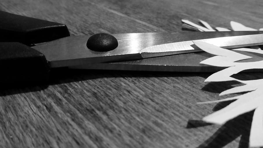 scissors, cut, paper, tool, sharp, metal, craft scissors, black white, office supplies, office